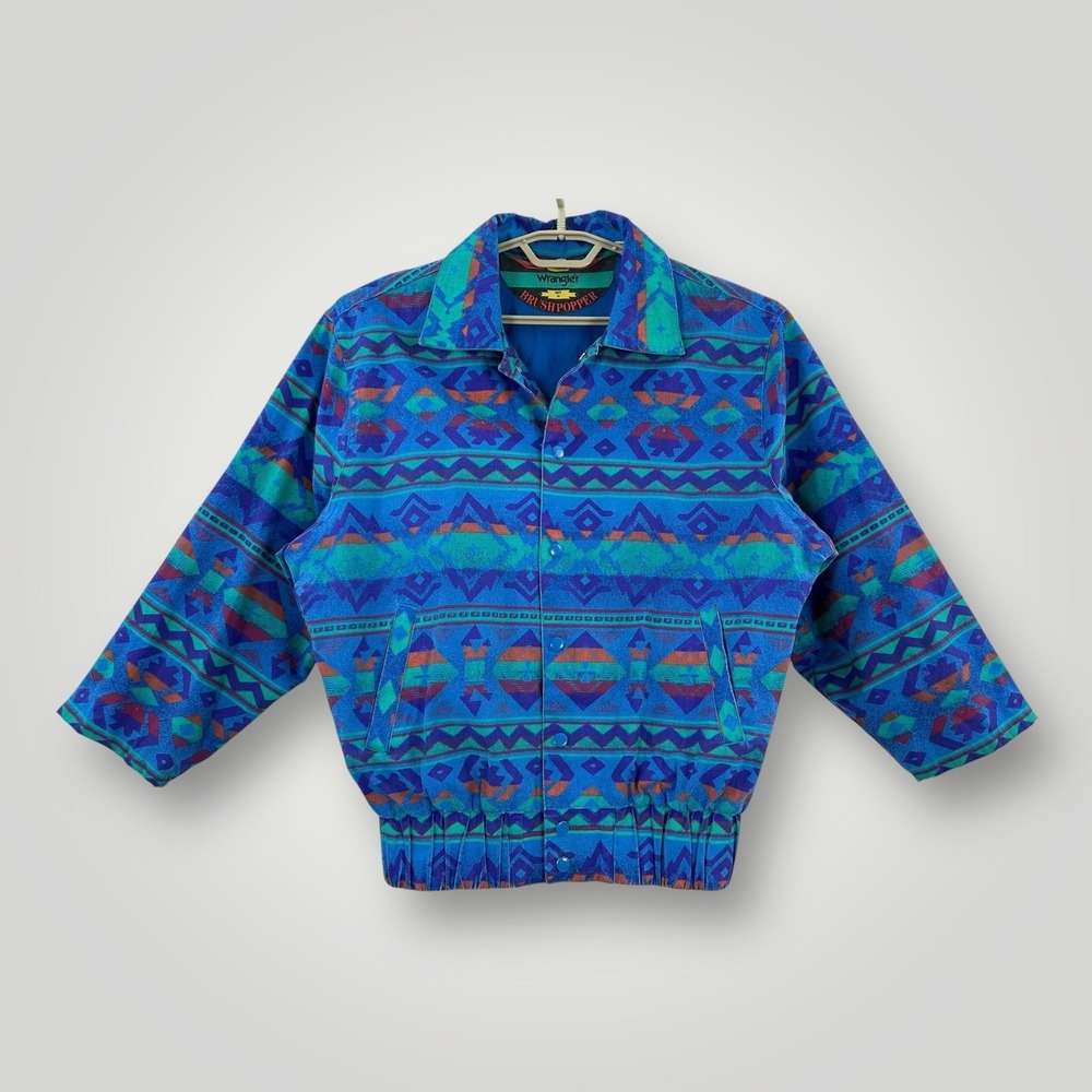 Vintage Wrangler Aztec Brushpopper Jacket Blue Snap Western Mens Medium Cowboy‎